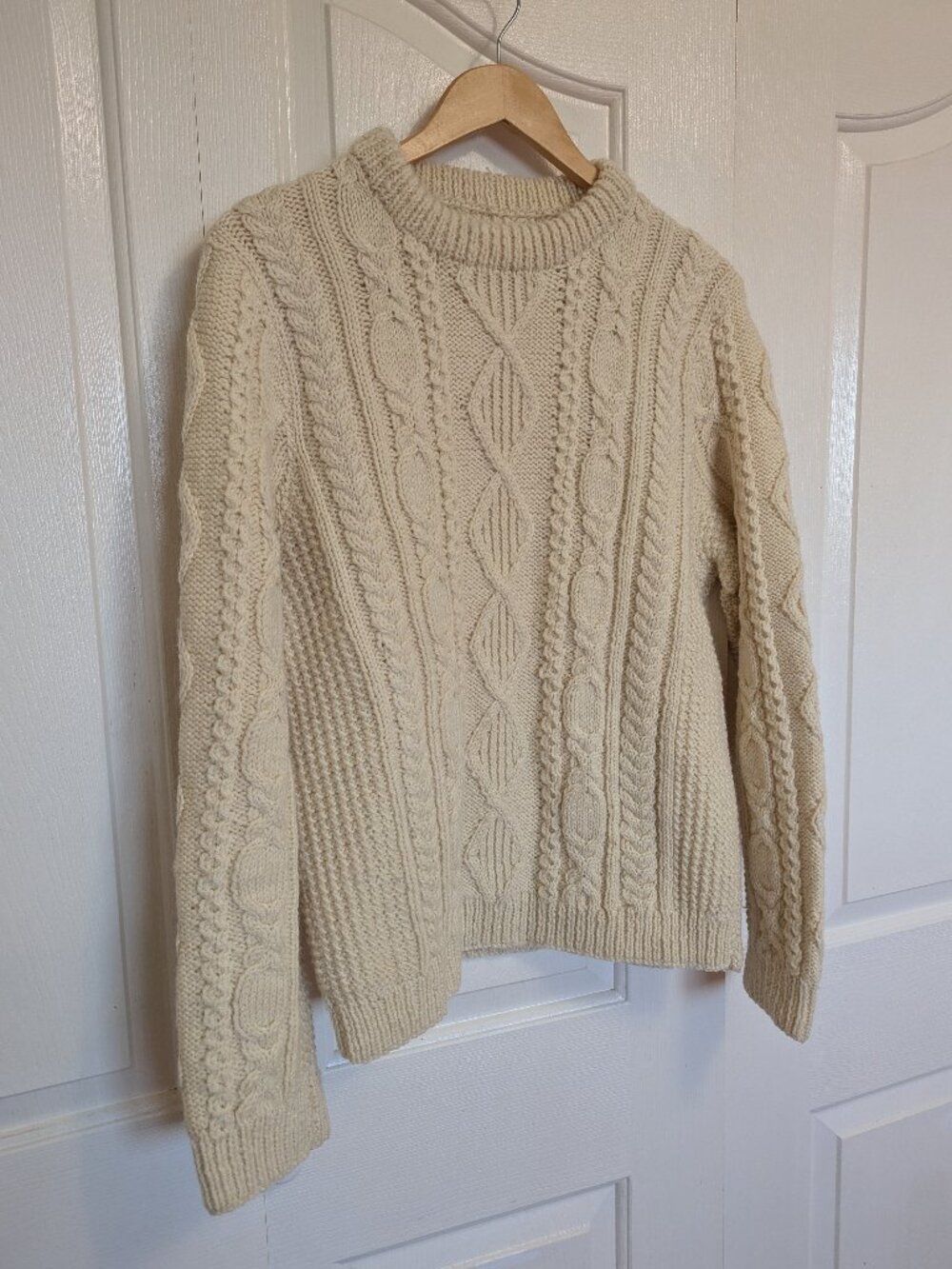 White wool cableknit sweater, classic fishermans jumper mens S / womens M